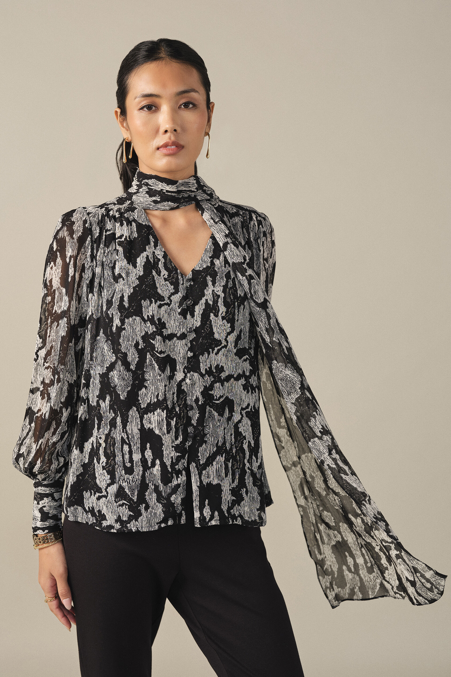 Abstract Print Scarf Neck Top in Black, Black, image 3